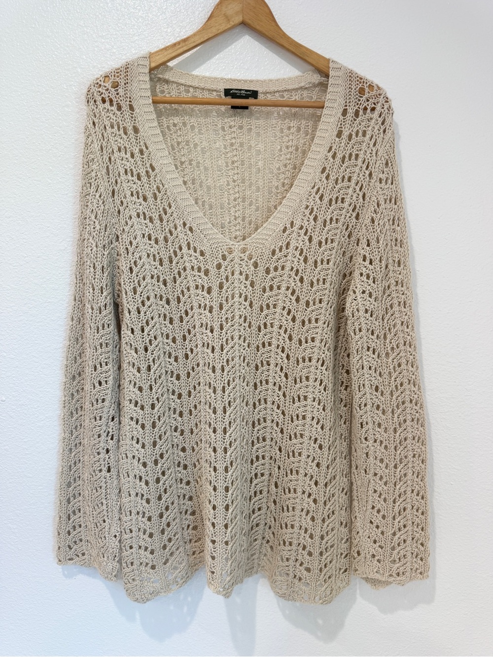Eddie Bauer Tan Y2K Open Knit Crochet V-Neck Pullover Sweater Boho Beach Chic L